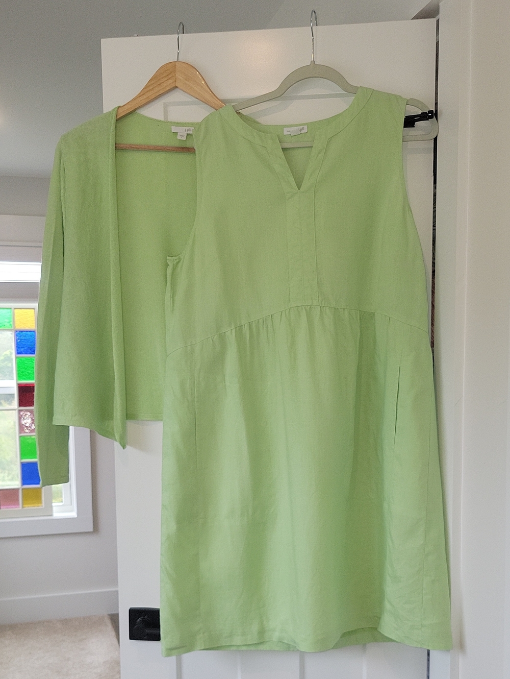 J. Jill Light Green Sleeveless Shift Dress With Pockets & Coordinating Cardigan